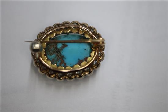 A Victorian yellow metal brooch, with oval turquoise cabochon surrounded by old-cut diamonds, 23mm.